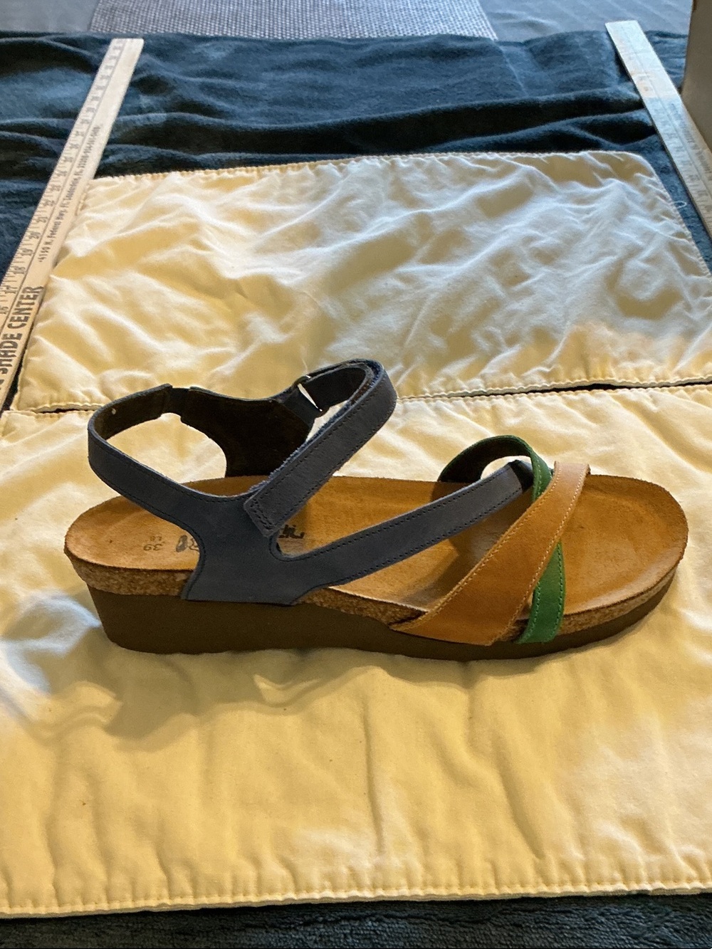 Naot Multistrap Cork Wedge Sandal - Blue, Tan & Green